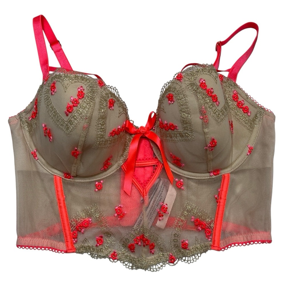 Victorias Secret Dream Angel Boned Bustier 34D Sheer Mesh Hot Pink Floral Trim